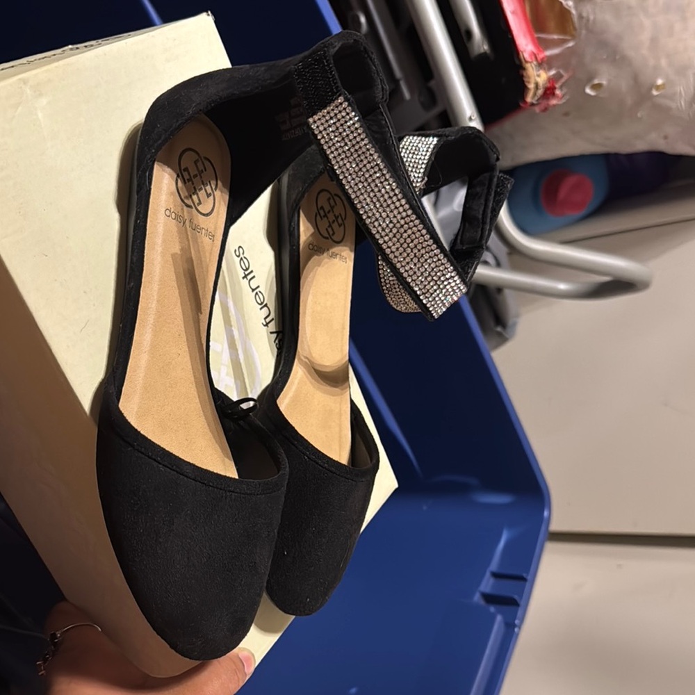 Black Rhinestone Ankle Strap Flats by Daisy Fuentes
Text me 475-344-9803